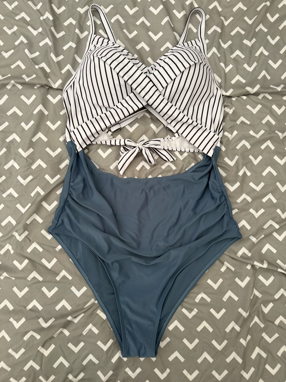 Striped Wrap Top One-Piece Swimsuit in White and Slate Blue